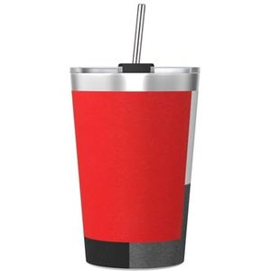 BeNtli 12 oz mok, geïsoleerde beker met conisch rietje, reisbeker voor koffiemok, rood-grijs-wit-zwart-wit geometrisch blok