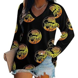 Yin Yang Dragon Tiger dames casual T-shirts met lange mouwen V-hals bedrukte grafische blouses T-shirt tops L