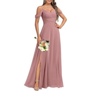 HPPEE Dames koude schouder V-hals chiffon bruidsmeisjes jurken met split geplooide formele jurk avondjurk, Stoffige Roos, 32