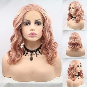 Korte Bob Lace Front Pruiken voor Vrouwen Rose Gold Synthetische Pruiken met Babyhaar Half Hand Gebonden Perzik Roze Kanten Pruik met Middenscheiding Hittebestendige Cosplay Pruik