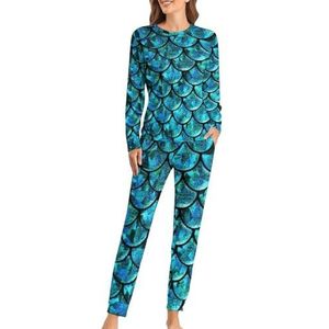 Turquoise zeemeermin squama zachte damespyjama met lange mouwen, warme pasvorm, loungewear sets met zakken, S