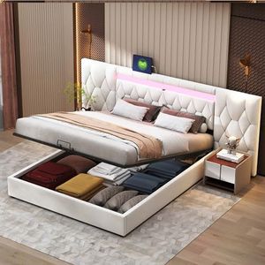 Crlnaup Elegant gestoffeerd bed, 180 x 200 cm, met grote rugleuning, fluwelen bed met led en USB-stopcontact, hydraulisch opbergsysteem, klassiek beige