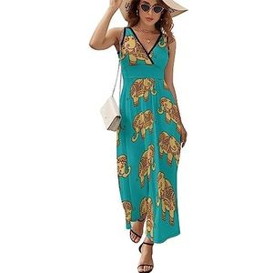 Olifanten patroon maxi jurk voor vrouwen mouwloze lange zomer jurken strand jurken A-lijn M