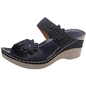 Vintage Sleehakmuiltjes Met Bloem Dames Elegante Sandalen Met Strass Nieuwe Bohemen Strandschoenen Zomer PU Lederen Pantoffels Vrije Tijd Peep Toe Pantoffels (Color : Blue, Size : 39 EU)