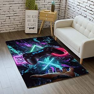 Tapijt slaapkamer moderne gamer 3D controller tiener kind jongen woonkamer tapijt antislip graffiti spel console decoratie tapijt zwart paars roze flanel zachte tapijten (kleur 2,120x160 cm)