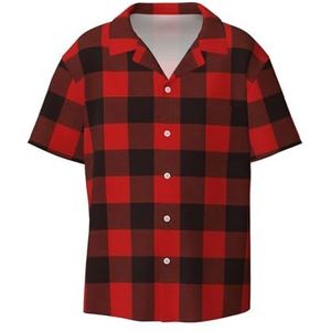 OdDdot Geruite rode en zwarte print heren button down shirt korte mouw casual shirt voor mannen zomer business casual overhemd, Zwart, L