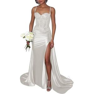 KIYNE Sprankelende pailletten galajurken voor vrouwen met split kant applicatie zeemeermin baljurk formele afstuderen feestjurk, Ivoor, 32