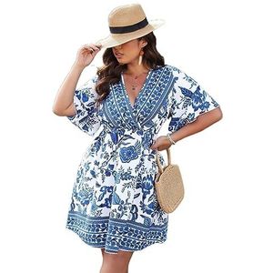 voor vrouwen jurk Plus jurk met bloemenprint en vlindermouwen (Color : Blue and White, Size : XXL)