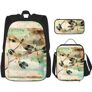 Dragonfly Libellen Vintage Grote Capaciteit Rugzak Lunch Tas Pen Pouch 3-delige Set voor Kantoor Reizen Camping Unisex, Zwart, Eén maat