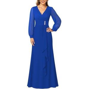 KIYNE Dames lange mouwen moeder van de bruid jurken ruches A-lijn V-hals chiffon formele avondjurk, koningsblauw, 32