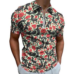 Kat Bloemen Poloshirt voor Mannen Casual Rits Kraag T-shirts Golf Tops Slim Fit