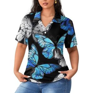 Blauwe vlinders dames poloshirts met korte mouwen casual T-shirts met kraag golfshirts sport blouses tops 5XL