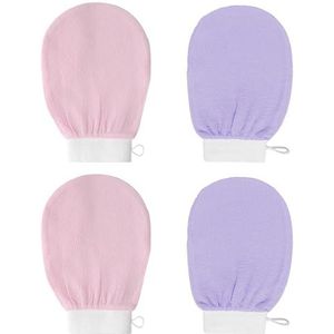 4 stuks dubbelzijdige dieptereinigende peeling handschoen, exfoliërende body scrub handschoen voor het verwijderen van vuil, huid lichaamscrub - snoep roze / lavendelpaars