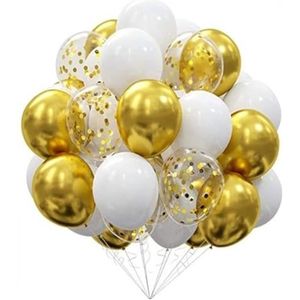 FeestmetJoep® 60 stuks Goud met Wit Helium Ballonnen met Lint – Verjaardag Versiering - Decoratie voor jubileum - Verjaardagversiering - Feestartikelen - Geslaagd versiering - Trouwfeest