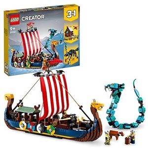 LEGO Creator 3in1 Vikingschip en de Midgaardslang, Bouwpakket voor Kinderen met een Speelgoed Boot, Huis en Dieren Figuren, Cadeau voor Jongens en Meisjes 31132