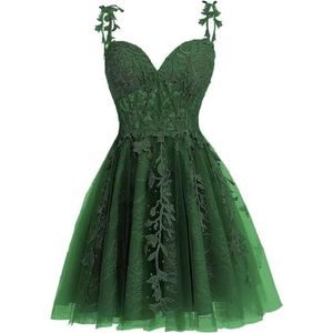 KIYNE Kant Applique Tule Schoolgala Jurken voor Tieners Spaghetti Band V-hals Korte Galajurk Baljurk, Emerald Groen, 32