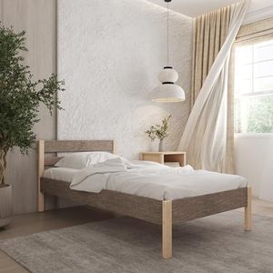 Hansales houten bed 120x200 cm Kaja Scandi Style zonder rolframe - met stoffen bekleding - kleur bruin - gemaakt van behandeld FSC® massief berkenhout - kleur bruin