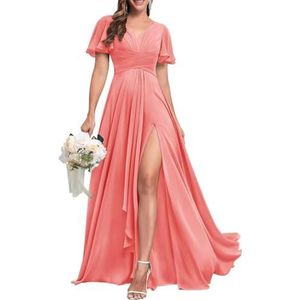 Chiffon bruidsmeisjesjurken voor dames, met split, baljurken, cocktailjurken, grote maten, Koraal, 32