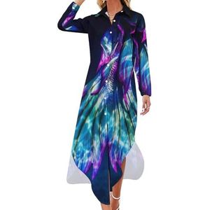 Glow in the Dark Zeemeerminstaart dames maxi-jurk lange mouwen knopen overhemd jurk casual feest lange jurken M