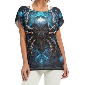 Abstracte blauwe kunst dames korte vleermuismouwen shirt ronde hals T-shirts losse tops voor meisjes, Patroon, XL
