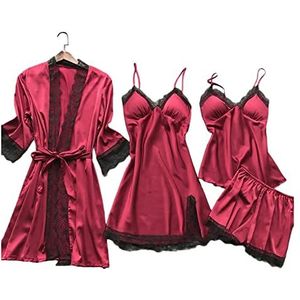 Dames Pyjama Sets Satijn Nachtkleding Zijde 4 Stuks Nachtkleding Pyjama Band Kant Slaap Lounge Pyjama Met Borst Pads (Color : Red2, Size : XXL)