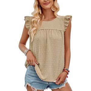 2024 Vrouwen Effen Kleur Zomer Tops Ronde Hals Ruches Kapmouwtjes Leuke T-shirts Loose Fit Casual Babydoll Blouses (Color : Khaki, Size : L)