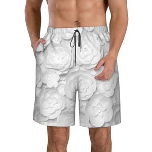 JIAWUJYNB 3D-strandshorts voor heren, met bloemenprint, lichtgewicht, sneldrogend, met trekkoord en zakken, Wit, XL
