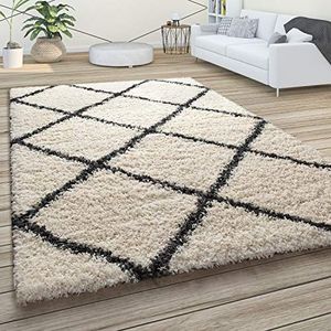 Hoogpolig tapijt, zachte shaggy voor de woonkamer in Scandinavische stijl met ruitmotief, Maat:200 cm vierkant, Kleur:Crème