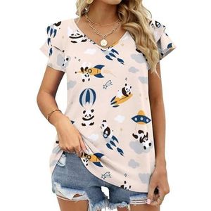 Panda Patroon Grafische Blouse Top Voor Vrouwen V-hals Tuniek Top Korte Mouw Volant T-shirt Grappig