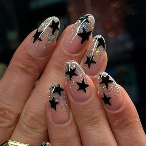 24 stuks rode nagels - amandelvormige kunstnagels medium - wijnrode kunstnagels met lijm(Black star)