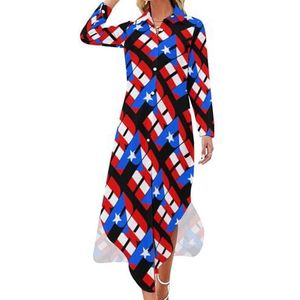 Puerto Ricaanse vlag dames maxi-jurk lange mouwen knopen overhemd jurk casual feest lange jurken 4XL