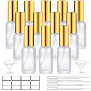 12 stuks 1 oz matglazen spuitflessen met fijne nevelsproeier en gouden pompdop, lege reisformaat parfumverstuiver vloeibare containers voor etherische oliën - stickers, pipet en trechter inbegrepen