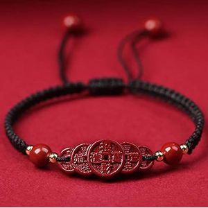 Dames armband, jongens armband Cinnabar Crystal Stone Armband Vijf Oude Munten Lucky Charms Armband for Vrouwen Mannen Handgemaakte Boeddhistische Armband Talisman Verstelbaar,Rood,Fortune Charms (Co