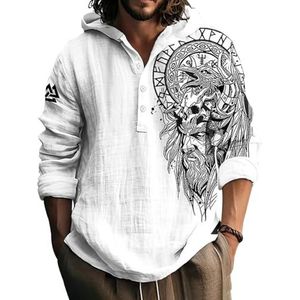 JHBTFQ Viking Heren Hoodie 3D-print Bamboe-linnen Stof Met Capuchon Kraag Knopen Shirt Lange Mouwen Noords Cadeau,God of odin,L