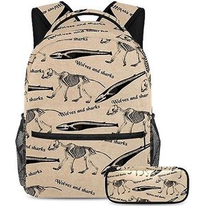 Shark Wolf Vintage Fossil Rugzak met Potlood Case, 2 Stks Kid Schooltas Set voor Jongens Meisjes Tieners, Travel Book Bag voor Studenten, Meerkleurig, B：29.4x20x40cm P：19x7.5x3.8cm, Rugzakken