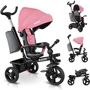 KIDIZ® Kinderdriewieler, 5-in-1, met duwstang, stuursysteem, vanaf 1 jaar, rijdt vooruit en achteruit, jogger, mand, tas, bekerhouder, zonnedak, rubberen wielen, buggy, fiets, inklapbaar, roze