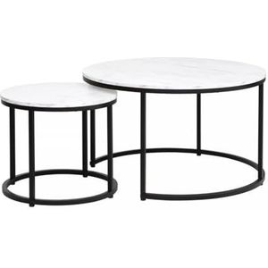 SIGNAL MEBLE Set van 2 ronde salontafels met marmereffect Dion - wit/zwart - D 80 x H 48 cm