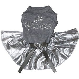 Petitebelle Strass Kroon Prinses Grijs Katoen Shirt Bling Zilver Hond Jurk, Medium, Grijs