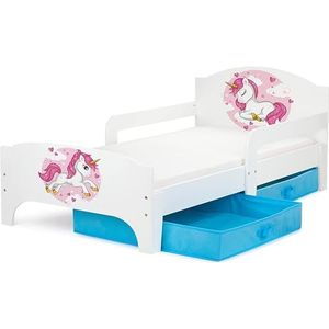 Leomark Smart Eenpersoonsbed voor kinderen met laden, 140/70 cm (matras) eenvoudige montage, voor kleine ruimtes, wit (thema: Roze eenhoorn)
