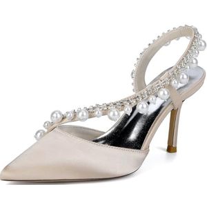 KYEGLO Satijnen Damessandalen Met Spitse Neus En Riempje - Gesloten Neus, Naaldhak Met Strass En Parel, Feestelijke Bruiloftsschoenen, Cadeaus Voor Vrouwen,Champagne,36 EU
