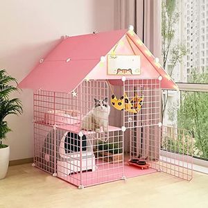 Kattenkooi binnen, grote kattenkooien afneembare kattenbehuizing huisdierkooien voor katten, met kattenhangmat en kattennest, oefenplaats ideaal voor 1-3 kat, roze (maat: 75 x 75 x 110 cm)