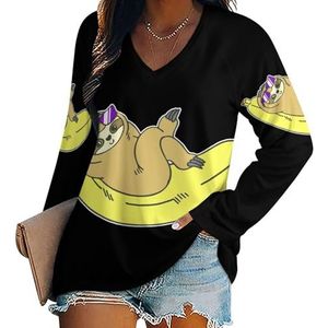 Funny Banana Luiaard Dames V-hals Shirt Lange Mouw Tops Casual Loose Fit Blouses