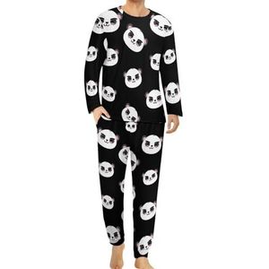 Leuke panda beer gezicht comfortabele heren pyjama set ronde hals lange mouwen loungewear met zakken 2XL