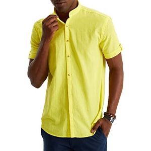 Leif Nelson Linnen overhemd voor heren, zomer, korte mouwen, Henley-hemd voor vrije tijd en business/gemengd van linnen en katoen/regular fit, geel, M