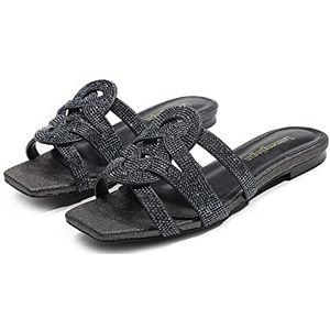 Zomer steentjes en leren schoenen sandalen for dames plat met comfortabele wandeling strandvakantie pantoffelsandalen(Black,47EU)