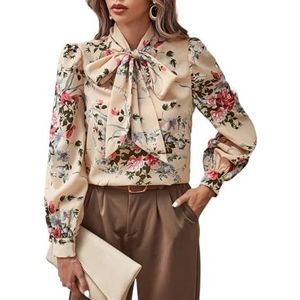 dames topjes Blouse met bloemenprint en gestrikte hals en pofmouwen (Color : Multicolore, Size : L)