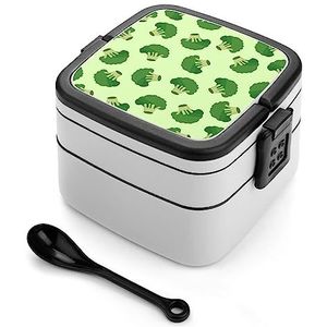 Groene Broccoli Bento Lunch Box Dubbellaags All-in-One Stapelbare Lunch Container Inclusief Lepel met Handvat