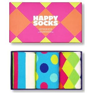 Happy Socks 3-Pack Lichtblauwe Mix Sokken Cadeauset, kleurrijke katoenen sokken met leuke motieven