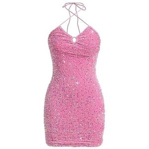 jurken voor dames Roze backless pailletten halter bodycon-jurk - sexy mini cami-jurk (Color : Rosa, Size : Small)