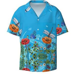 TyEdee Dragonfly en bloemenprint heren korte mouwen overhemd met zak casual button down shirts business shirt, Zwart, L